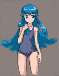  1girl blue_eyes blue_hair brown_background happinesscharge_precure! long_hair looking_at_viewer precure rohitsuka school_swimsuit shirayuki_hime sketch smile solo swimsuit 
