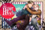  1boy 1girl 2014 asaaaaa blonde_hair blue_eyes boots brown_hair cape carrying facial_hair happy_new_year mike_zakarius mustache nanaba new_year princess_carry reverse_trap shingeki_no_kyojin short_hair three-dimensional_maneuver_gear 