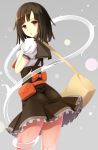  1girl bag bakemonogatari bow brown_eyes brown_hair dress grey_background highres koyaya looking_back monogatari_(series) school_uniform sengoku_nadeko short_hair solo 