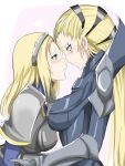  2girls armor blonde_hair blue_eyes blush breastplate breasts capelet diana_(league_of_legends) eye_contact facial_mark forehead_mark hairband height_difference highres hug kumiko_(aleron) large_breasts league_of_legends long_hair looking_at_another luxanna_crownguard multiple_girls tears very_long_hair yuri 