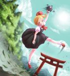  1girl ascot blonde_hair blouse clouds cloudy_sky darkness forest furim highres leaf mary_janes nature puffy_short_sleeves puffy_sleeves red_eyes rumia shoes short_hair short_sleeves skirt sky torii touhou tree vest 
