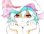  1girl blue_hair chin_rest clenched_hands close-up colored_pencil_(medium) expressionless face hands_on_own_cheeks hands_on_own_face hat hat_ribbon looking_at_viewer mob_cap red_eyes remilia_scarlet ribbon shaded_eyes shiratama_(hockey) short_hair simple_background solo touhou traditional_media white_background 