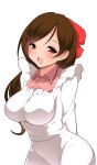  apron blush breasts brown_hair hair_ornament hair_ribbon hairclip highres kantai_collection kappougi kyokutou_hentai_samurai large_breasts long_hair looking_at_viewer mamiya_(kantai_collection) open_mouth personification ribbon simple_background smile white_background 