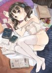  1girl apple bag bed black_eyes black_hair blush book bow camisole food fruit fujita_hidetoshi hair_bow looking_at_viewer lying on_side original panties papers pencil pillow solo thigh-highs twintails underwear white_legwear white_panties 