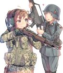  2girls :3 assault_rifle blonde_hair blue_eyes bolt_action brown_hair camouflage cat daito german germany gloves gun hairclip headset heart heckler_&amp;_koch helmet hk36 holster load_bearing_vest mauser_98 military military_uniform multiple_girls original ponytail pouches short_hair simple_background uniform weapon 