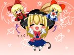  3girls =_= alice_margatroid alice_margatroid_(cosplay) animal_ears arms_up blonde_hair blue_eyes blush bow cat_ears cat_tail chibi closed_eyes hair_bow hat heart helmet hourai_doll kirisame_marisa long_hair multiple_girls open_mouth orange_background patchouli_knowledge ribbon ritateo shanghai_doll smile star tail touhou winged_helmet 