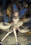  1girl artist_name asahiro_(algl) blue_eyes butterfly crown dark dress fantasy long_hair original ribbon sitting solo white_dress white_hair 