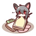  1girl animal_ears bread bread_in_mouth cheese chibi eating food grey_hair highres minigirl mouse_ears mouse_tail nazrin nuu_(nu-nyu) red_eyes short_hair tail touhou vegetable 