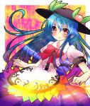  1girl blue_hair bow dress food fruit hat hinanawi_tenshi long_hair oruga_(oruoruga) peach red_eyes scarlet_weather_rhapsody short_sleeves solo touhou 