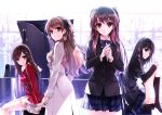  2girls absurdres black_eyes black_hair black_legwear brown_eyes brown_hair coat english fur_trim hair_ornament hair_ribbon hairclip hands_together highres huge_filesize instrument kneehighs kuroya_shinobu leaning_forward long_hair looking_at_viewer misaki_kurehito morikawa_yuki multiple_girls ogata_rina ogiso_setsuna parted_lips payot piano plaid plaid_skirt pleated_skirt ribbon school_uniform short_twintails sitting skirt smile touma_kazusa trait_connection twintails white_album white_album_2 