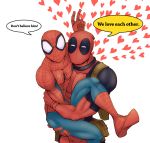 2boys bunny_ears_gesture carrying deadpool english english_commentary english_text heart male marvel mask multiple_boys princess_carry spider-man spider-man_(series) v_(bunny_ears) yaoi
