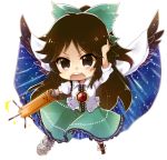  1girl arm_cannon black_wings bow brown_eyes brown_hair cape chibi hair_bow long_hair pointing pointing_up reiuji_utsuho simple_background six_(fnrptal1010) skirt solo space star_(sky) third_eye touhou weapon white_background wings 