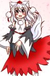  1girl alternate_costume animal_ears bare_shoulders blush breasts detached_sleeves fang happy hat highres inubashiri_momiji konoe_yuu long_hair looking_at_viewer open_mouth pom_pom_(clothes) red_eyes silver_hair smile solo tail tokin_hat touhou wolf_ears wolf_tail 