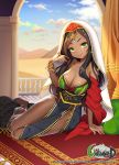  1girl arabian_clothes bare_shoulders black_hair bracelet breasts byulzzimon cleavage dark_skin desert green_eyes jewelry large_breasts long_hair mole original sky smile solo transparent unleashed veil 