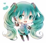  1girl chibi detached_sleeves green_eyes green_hair hatsune_miku headset long_hair mitsui_(n321) necktie open_mouth skirt solo thigh-highs twintails very_long_hair vocaloid white_background 