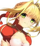  1girl ahoge blonde_hair breasts cleavage dh_ead dress epaulettes fate/extra fate_(series) green_eyes hair_ribbon ribbon saber_extra solo 