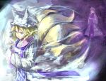  2girls blonde_hair fox_tail hands_in_sleeves hat highres multiple_girls short_hair solo_focus tabard tail touhou yakumo_ran yakumo_yukari yellow_eyes zeikomi 