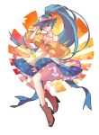  1girl adapted_costume alternate_hairstyle bare_shoulders blue_hair boots dress dryades food food_as_clothes food_themed_clothes fruit hat hinanawi_tenshi long_hair peach ponytail red_eyes smile solo touhou very_long_hair 
