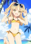  1girl bare_shoulders barefoot beach bikini blonde_hair blush bracelet fang green_eyes hair_ornament idolmaster idolmaster_cinderella_girls ikura_hato jewelry jougasaki_rika long_hair looking_at_viewer navel open_mouth side-tie_bikini smile solo sunglasses sunglasses_on_head swimsuit twintails two_side_up 