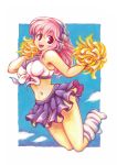  1girl absurdres bare_shoulders breasts cheerleader headphones highres jumping large_breasts long_hair looking_at_viewer navel nitroplus open_mouth pink_eyes pink_hair pom_poms smile solo super_sonico 