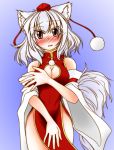  1girl alternate_costume animal_ears bare_shoulders blush breasts china_dress chinese_clothes cleavage cleavage_cutout detached_sleeves embarrassed fang hat highres inubashiri_momiji konoe_yuu large_breasts long_hair looking_at_viewer pom_pom_(clothes) red_eyes silver_hair solo tail tokin_hat touhou wolf_ears wolf_tail 
