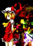  1girl blonde_hair expressionless flandre_scarlet frilled_skirt frills giwa highres looking_at_viewer mob_cap puffy_short_sleeves puffy_sleeves red_eyes short_sleeves side_ponytail skirt touhou vest 