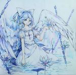  angel_wings arm_up blue_hair bow chain colored_pencil colored_pencil_(medium) cross dress flower hair_bow highres in_water jewelry kneeling looking_at_viewer maboroshi_yume_kai_no_furawa_masuta mai_(touhou) necklace open_hand pencil ponytail puffy_short_sleeves puffy_sleeves short_hair short_sleeves smile touhou touhou_(pc-98) traditional_media wings 