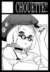  1girl adjusting_clothes adjusting_hat bra bra_strap braid choker circle_cut glasses hat looking_at_viewer monochrome nagisa_kurousagi off_shoulder original pin shirt underwear 