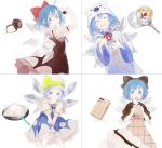  1girl adapted_costume alternate_color alternate_costume black_dress blue_dress blue_eyes blue_hair bow brown_dress cirno closed_eyes dress eating fairy food food_themed_clothes hair_ornament hair_ribbon hat hat_ribbon hood ice ice_wings long_sleeves looking_at_viewer looking_back mouth_hold multiple_persona open_mouth puffy_sleeves ribbon shihou_(g-o-s) short_hair short_sleeves simple_background smile spoon tagme touhou white_background wide_sleeves wings 