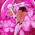  1girl bent_over bike_shorts boots bow cherry_blossoms closed_eyes cure_blossom doya-gao earrings floral_background flower_(symbol) from_behind hair_bow hair_ornament haruyama_kazunori heartcatch_precure! jewelry kneepits legs light_particles long_hair miniskirt pink pink_background pink_hair ponytail precure puffy_sleeves skirt smile solo very_long_hair wristband 