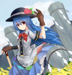  1girl arm_up bd-0 blue_hair bow clouds dress field flower flower_field food frown fruit gloves hat hinanawi_tenshi keystone long_hair looking_at_viewer mountain peach red_eyes scarlet_weather_rhapsody short_sleeves sky solo sword_of_hisou touhou weapon 