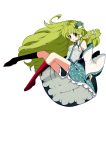  1girl absurdres blush detached_sleeves floating frog green_eyes green_hair hair_ornament highres japanese_clothes kochiya_sanae long_hair long_skirt miko mountain_of_faith namatyoco open_mouth shirt shoes skirt snake solo touhou very_long_hair white_background 