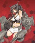 1girl abs apple armpits black_hair blush breasts cannon elbow_gloves fingerless_gloves food fruit gloves hair_ornament hairband headgear kantai_collection kure_masahiro long_hair nagato_(kantai_collection) navel open_mouth personification red_background red_eyes skirt solo thigh-highs 