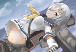  1girl belt blue_eyes breasts gloves hair_ornament hair_over_one_eye hairclip hamakaze_(kantai_collection) kantai_collection midriff mizushina_minato navel pantyhose personification school_uniform serafuku short_hair silver_hair skirt solo white_gloves 