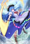 1girl blue_hair boots bow clouds food fruit gensoukyou hat hinanawi_tenshi long_hair long_skirt mountain peach red_eyes scarlet_weather_rhapsody shoes short_sleeves skirt smile solo sword_of_hisou teko touhou weapon