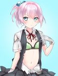    1girl blue_eyes bra breasts burnt_clothes gloves hair_ornament kantai_collection mirakuruone navel personification pink_hair ponytail school_uniform shiranui_(kantai_collection) short_hair short_sleeves skirt solo underwear 