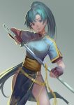  1girl earrings fingerless_gloves fire_emblem gloves green_eyes green_hair grey_background highres jewelry katana long_hair lyndis_(fire_emblem) nanaya_(daaijianglin) ponytail sheath smile solo sword thighs unsheathing very_long_hair weapon 