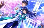  1boy 1girl blazer blue_eyes blue_hair blue_sky blurry brother_and_sister building cherry_blossoms cherry_trees depth_of_field gun highres mahouka_koukou_no_rettousei pants pistol school_uniform shiba_miyuki shiba_tatsuya siblings sky swordsouls tagme weapon 