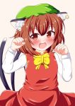  1girl :d blush bowtie brown_hair chen chinese_clothes fang hat highres jewelry long_sleeves open_mouth paw_pose red_eyes short_hair single_earring skirt skirt_set smile solo touhou vest yakumo_nanahara 