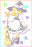  1girl apron ascot blonde_hair blue_eyes bow braid dress ellipsis_(mitei) fingernails hat highres kirisame_marisa legs looking_at_viewer open_mouth ribbon shoes short_hair solo star touhou witch witch_hat 