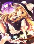  1girl apron blonde_hair bow braid broom broom_riding dress frilled_hat full_moon hair_bow hat k----s kirisame_marisa long_hair looking_at_viewer moon ribbon short_sleeves smile solo star touhou wink witch_hat yellow_eyes yuxx_yux 