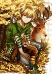  1boy backpack bag blonde_hair deer foxcc free! grass hazuki_nagisa hoodie male pink_eyes red_panda sitting smile squirrel tree 