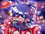  1girl asymmetrical_wings biscuit black_hair blush candy chibi chocolate fang houjuu_nue open_mouth polearm red_eyes ribbon riding ritateo short_hair snake space star touhou trident ufo weapon wings wink 