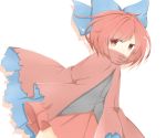 1girl bow cape double_dealing_character ellipsis_(mitei) hair_bow legs looking_at_viewer red_eyes redhead sekibanki shirt short_hair skirt solo torn_cape touhou 