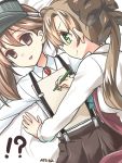  2girls akigumo_(kantai_collection) breast_conscious brown_eyes brown_hair dress_shirt empty_eyes green_eyes hair_ribbon highres kantai_collection long_hair multiple_girls open_mouth pencil ponytail ribbon ryuki_(ryukisukune) ryuujou_(kantai_collection) shirt sketchbook skirt smile smirk suspenders twintails visor_cap 