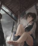  1girl against_wall barefoot bird black_legwear bow_(weapon) brown_eyes brown_hair from_below indoors kaga_(kantai_collection) kantai_collection lif looking_outside muneate personification quiver rain short_hair silhouette sitting smoke solo undressing weapon wet 
