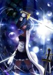  1girl armband blue_eyes blue_hair caibao cape dual_wielding field_of_blades gloves highres magical_girl mahou_shoujo_madoka_magica mahou_shoujo_madoka_magica_movie miki_sayaka multiple_swords oktavia_von_seckendorff planted_sword planted_weapon ripples short_hair solo spoilers sword thigh-highs water weapon zettai_ryouiki 