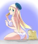  1girl ass atago_(kantai_collection) bag bare_shoulders beret bikini blonde_hair blue_eyes breasts butt_crack doughnut eating hat iwatobi_hiro kantai_collection large_breasts long_hair looking_at_viewer looking_back sitting skindentation solo swimsuit white_bikini white_swimsuit 