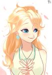  1girl alternate_hairstyle bust casual contemporary earrings elsa_(frozen) frozen_(disney) hair_down happy interlocked_fingers jewelry lipstick long_hair makeup petals red_lipstick ring sleeveless smile snowflakes solo tiajs2114815 