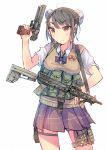  1girl black_hair brown_eyes daito gun original school_uniform short_hair solo weapon 